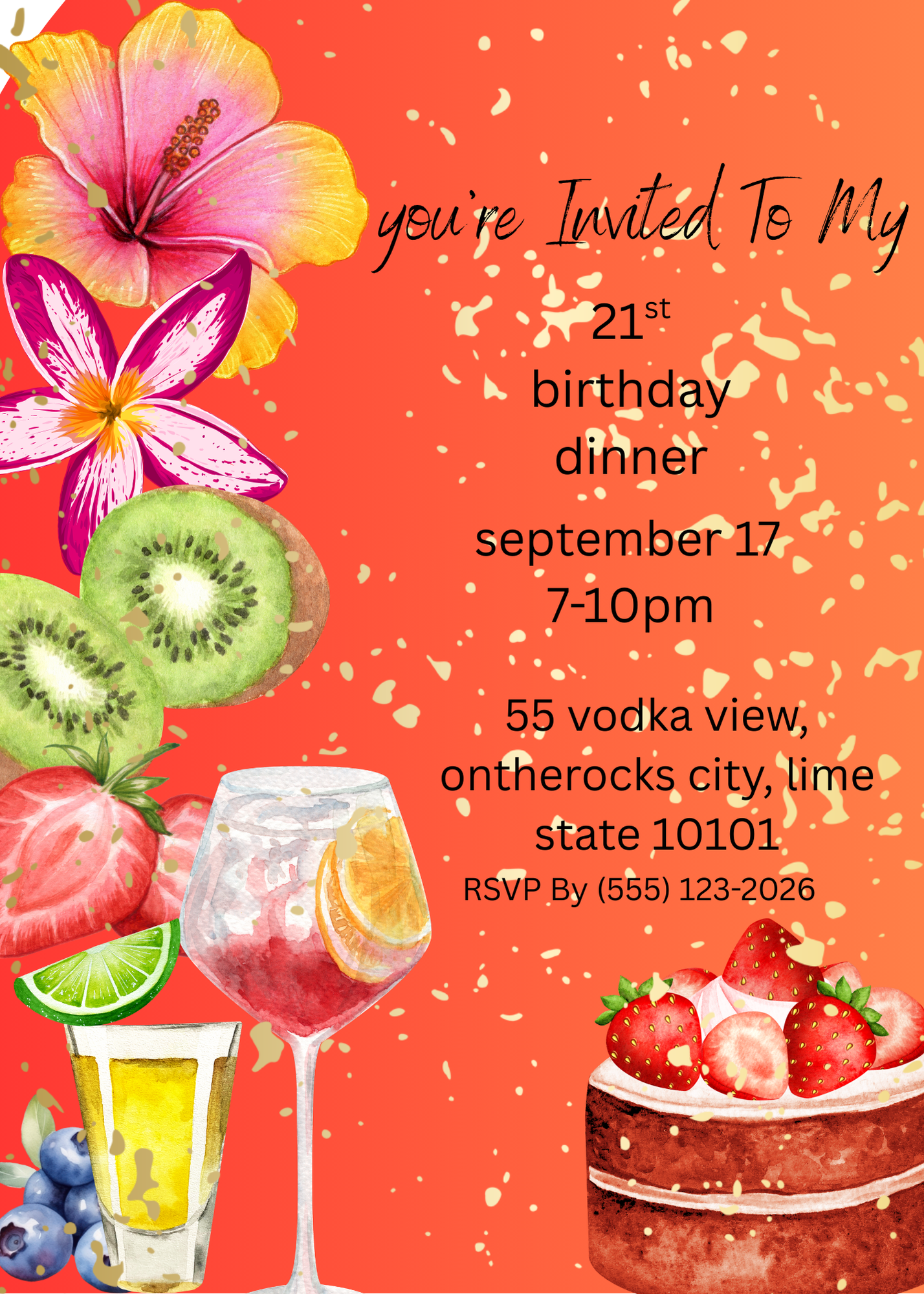 Birthday invitation with tropical flowers, fruits, and drinks on a red background