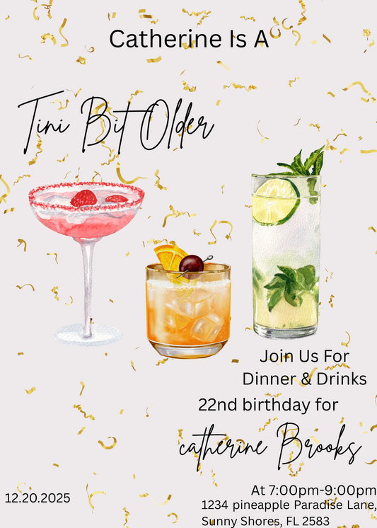 Birthday invitation with cocktails and confetti on a white background