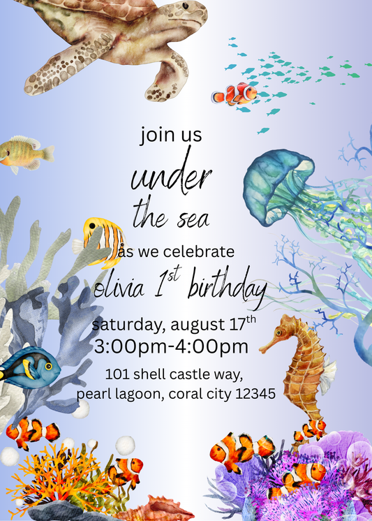 Underwater-themed birthday invitation with sea creatures and text.