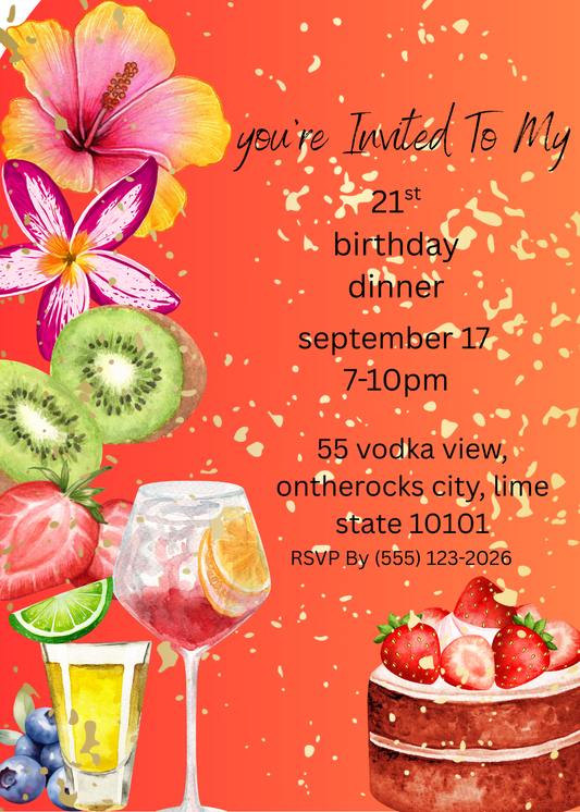 Birthday invitation with tropical flowers, fruits, and drinks on a red background