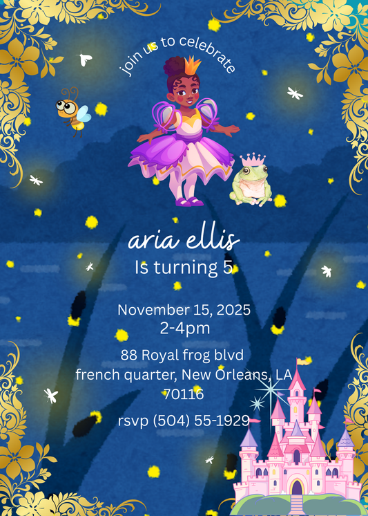 Birthday invitation card with a fairy and frog prince design, castle, and decorative elements.
