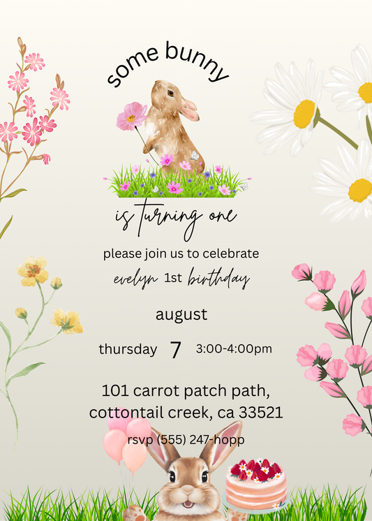 Birthday invitation with bunnies, flowers, and text for a first birthday celebration.